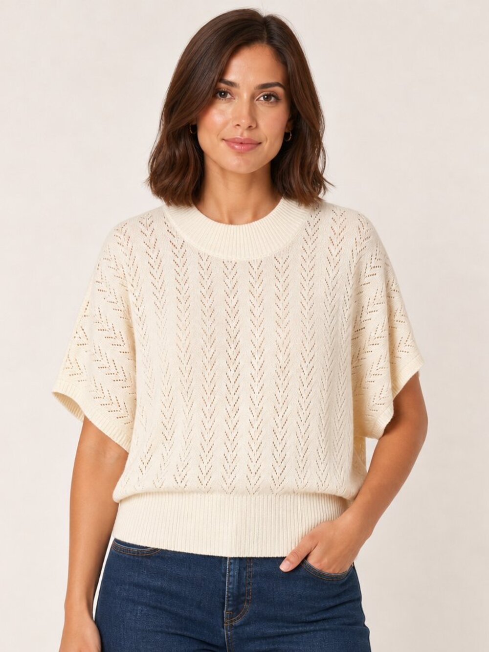 Vintage BFA Classics Ivory Pointelle Dolman Sweater Boho Cottagecore M
